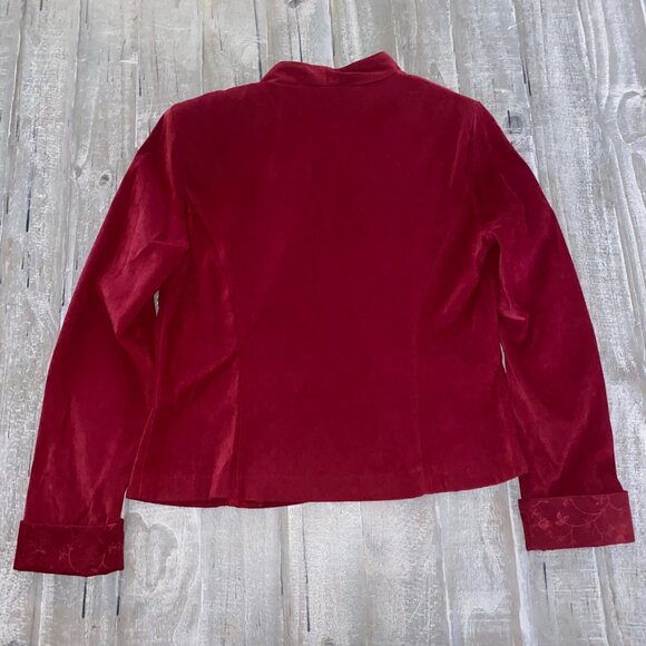 Sag Harbor Velvet Blazer Womens Size 8 Jacket Burgundy Floral Cuffs Open Front - Picture 2 of 6